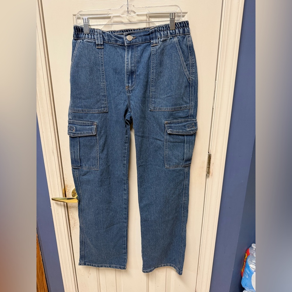 Excuse Jeans Womens L Cargo Pants High Waist Skater Loose Baggy Blue Denim